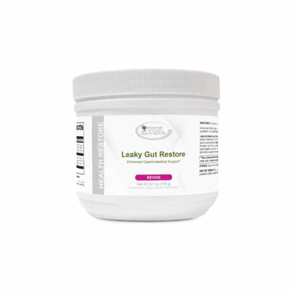 A jar of Leaky Gut Restore Kit on a white background.