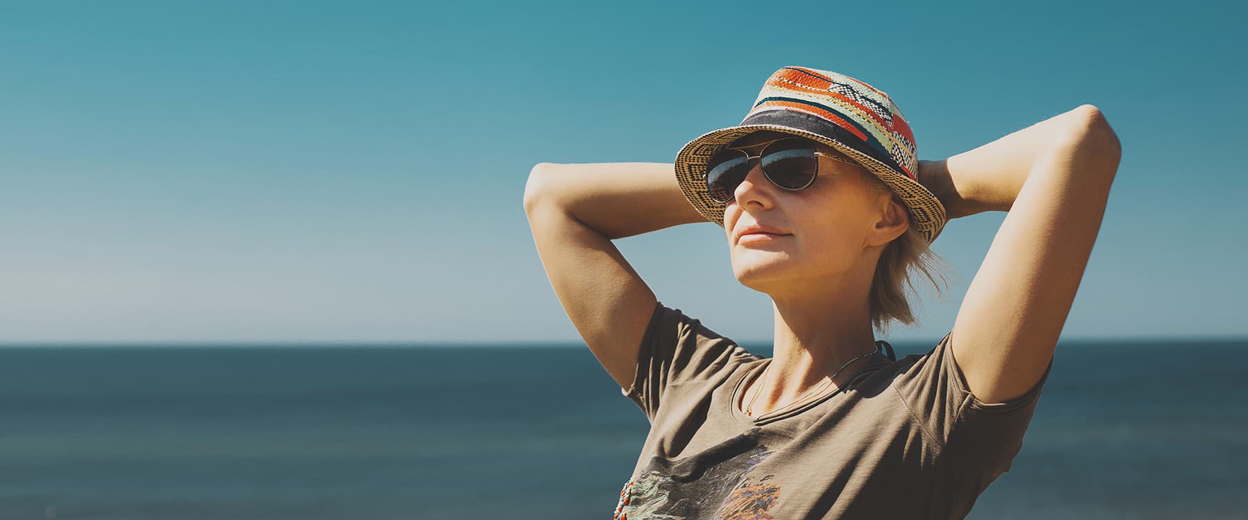Woman wearing sunglasses and a sun hat by the ocean