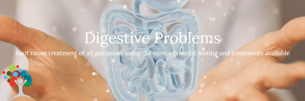 A person holding a hand with the words digestive problems.